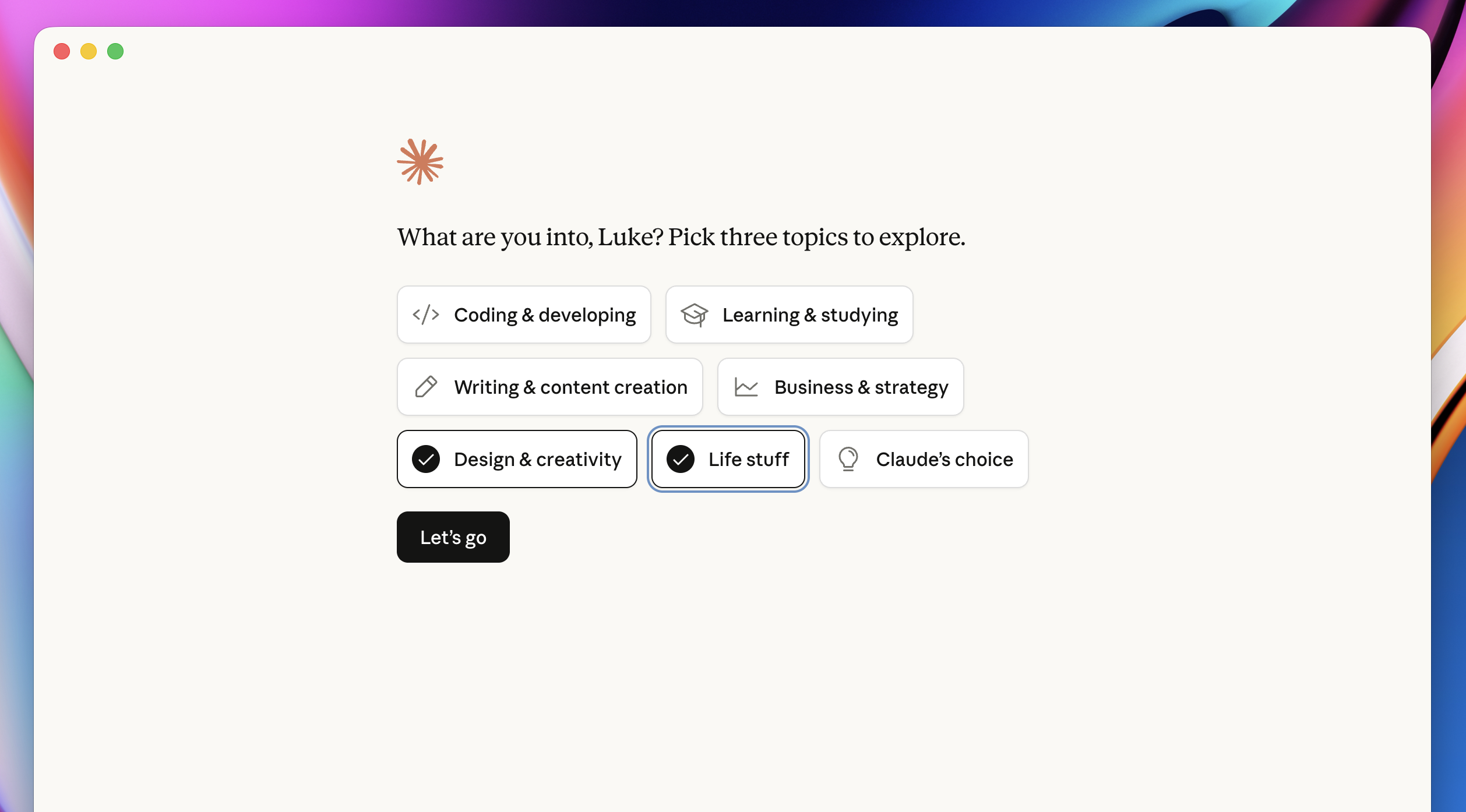 Interest selection screen
