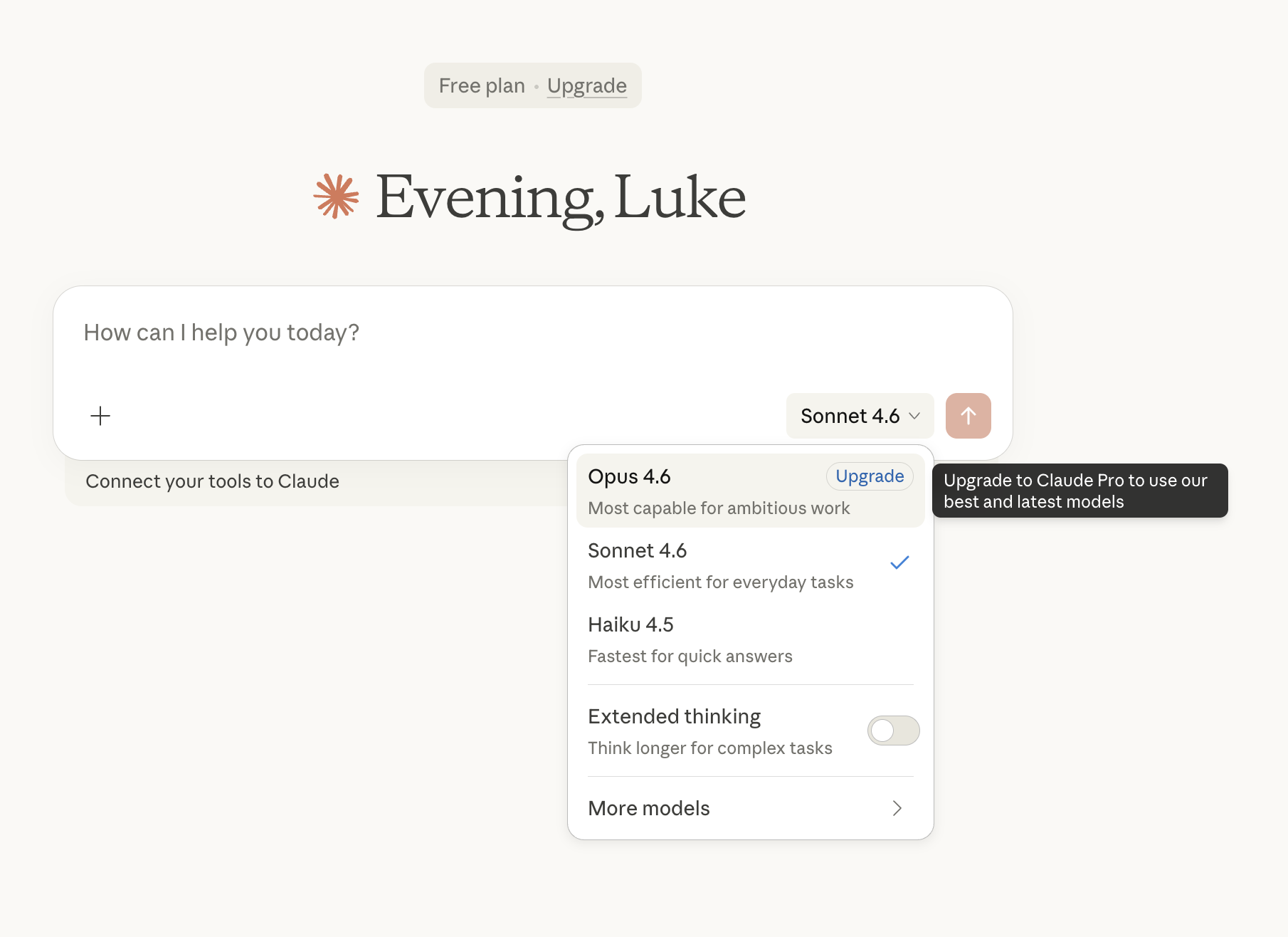 Claude model selection showing available models